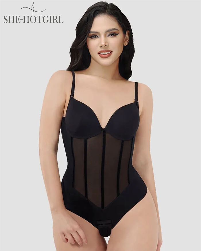 Women's Tummy Control Thong Sheer Mesh Corset Top Backless Bodysuits