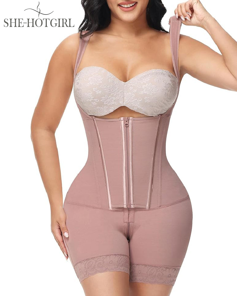 High Compression Shapewear with Front Zipper and Mid Thigh