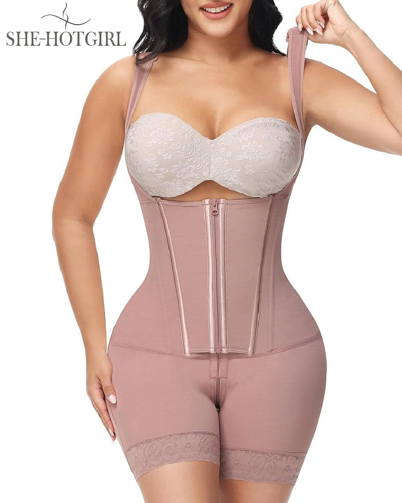 High Compression Shapewear with Front Zipper and Mid Thigh