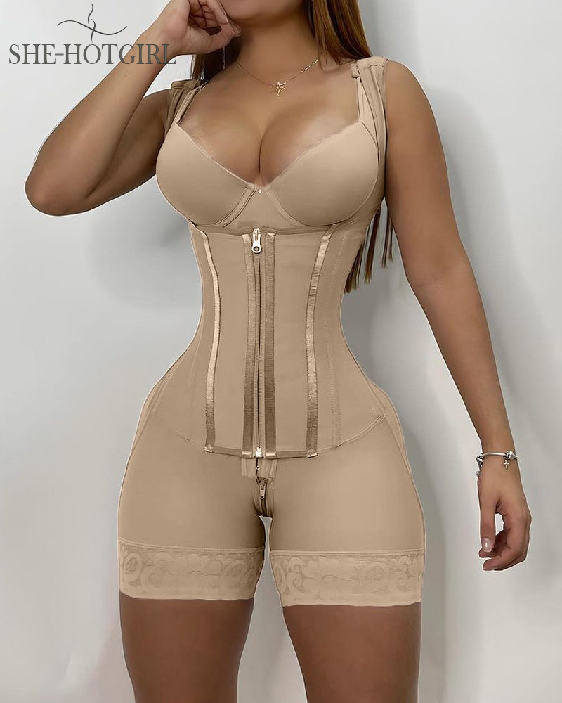 High Compression Shapewear with Front Zipper and Mid Thigh