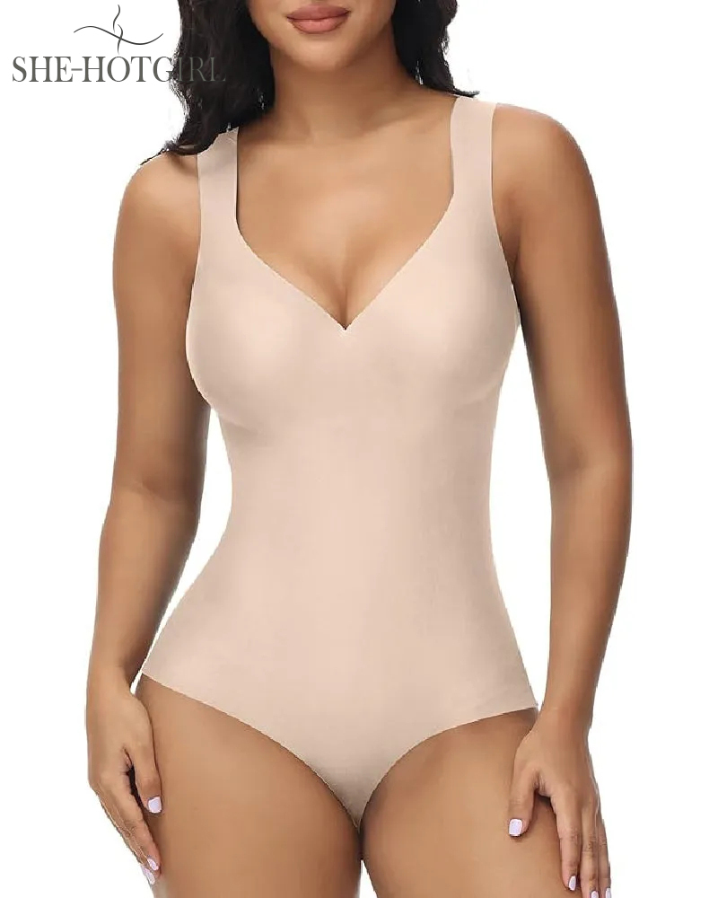 Women's tummy control seamless summer ice silk bodysuit compression v-neck body shaper