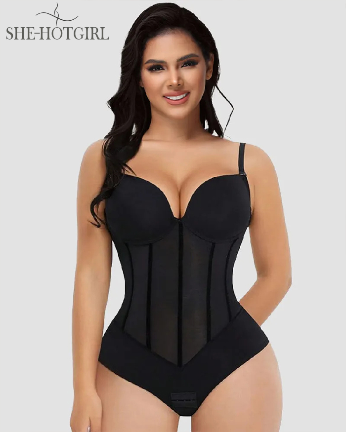 Women's Tummy Control Thong Sheer Mesh Corset Top Backless Bodysuits