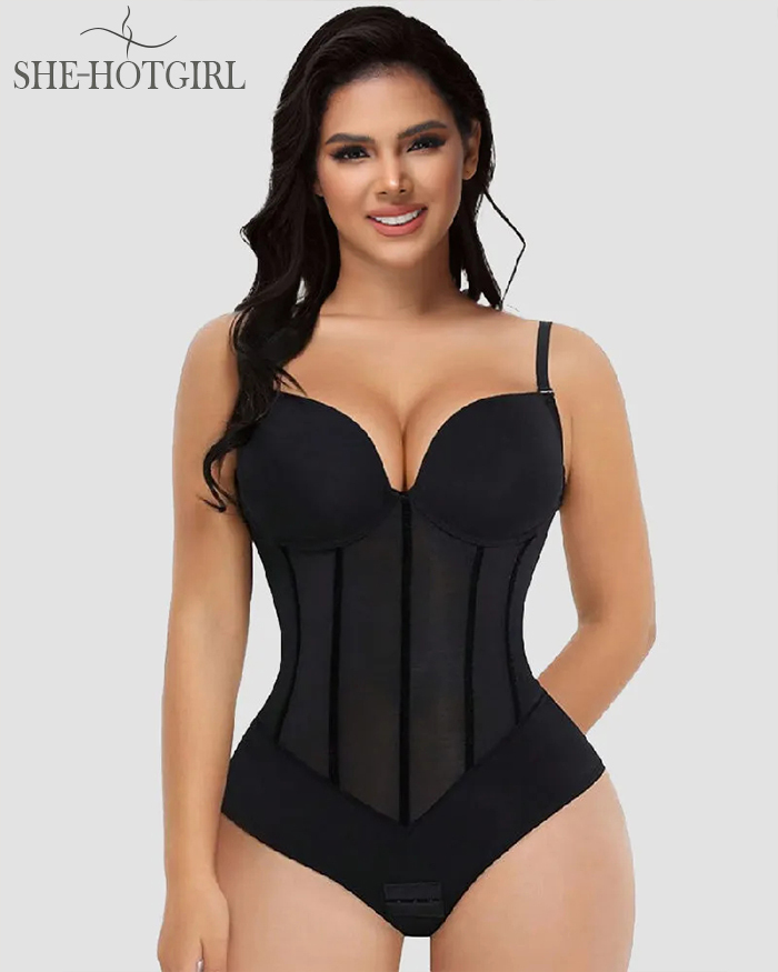 Women's Tummy Control Thong Sheer Mesh Corset Top Backless Bodysuits