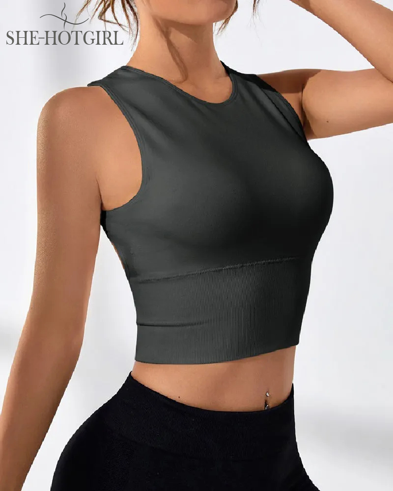Women's Solid Color Open Back Ribbed Basic Elastic Yoga Sport Tank Top