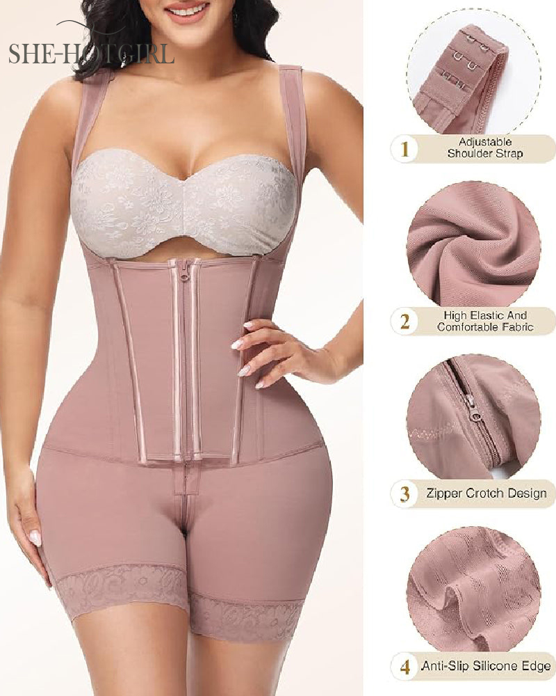 High Compression Shapewear with Front Zipper and Mid Thigh