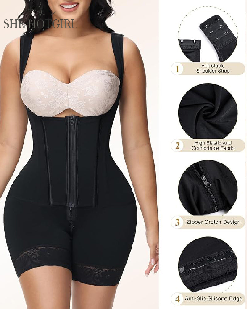 High Compression Shapewear with Front Zipper and Mid Thigh