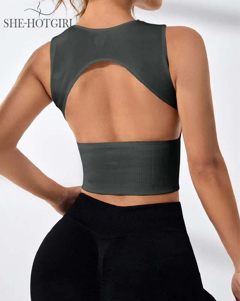 Women's Solid Color Open Back Ribbed Basic Elastic Yoga Sport Tank Top