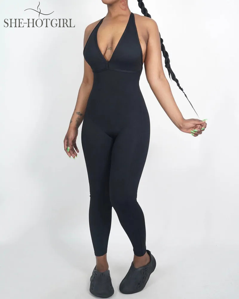 Backless Gym Sleeveless Long Romper Casual Halter Jumpsuits