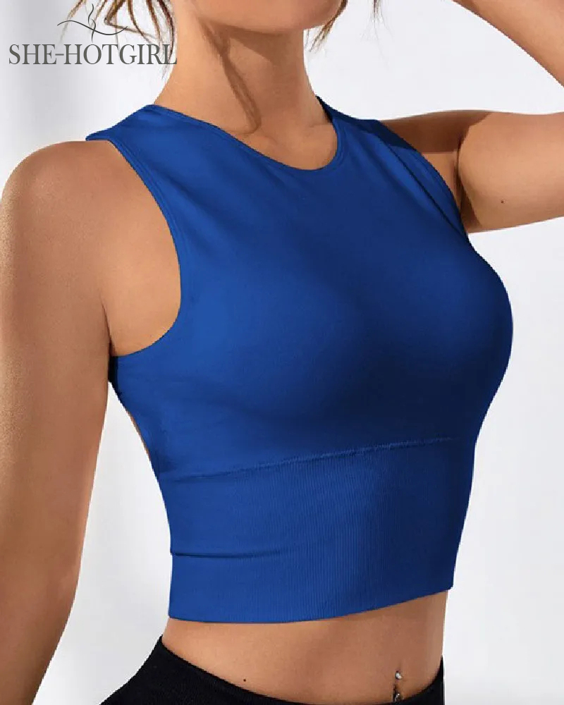 Women's Solid Color Open Back Ribbed Basic Elastic Yoga Sport Tank Top
