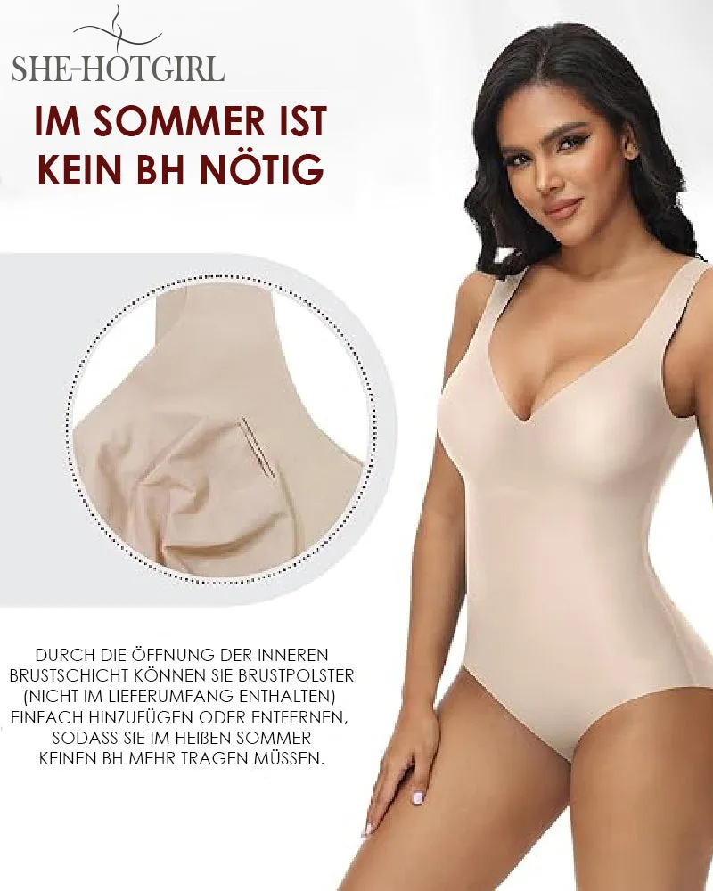 Women's tummy control seamless summer ice silk bodysuit compression v-neck body shaper