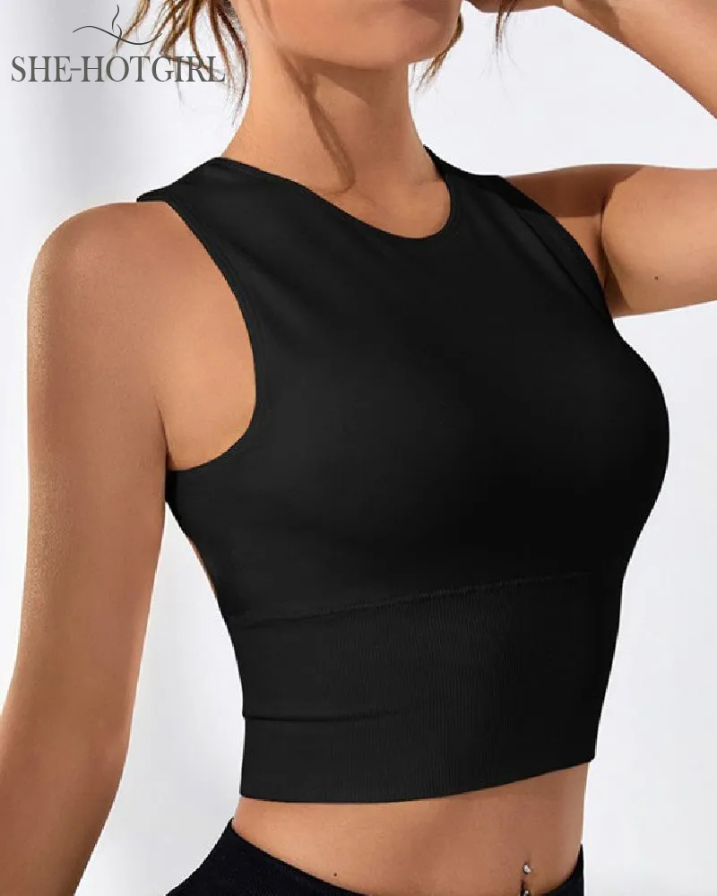 Women's Solid Color Open Back Ribbed Basic Elastic Yoga Sport Tank Top
