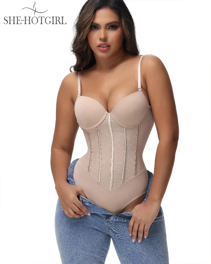 Women's Tummy Control Thong Sheer Mesh Corset Top Backless Bodysuits