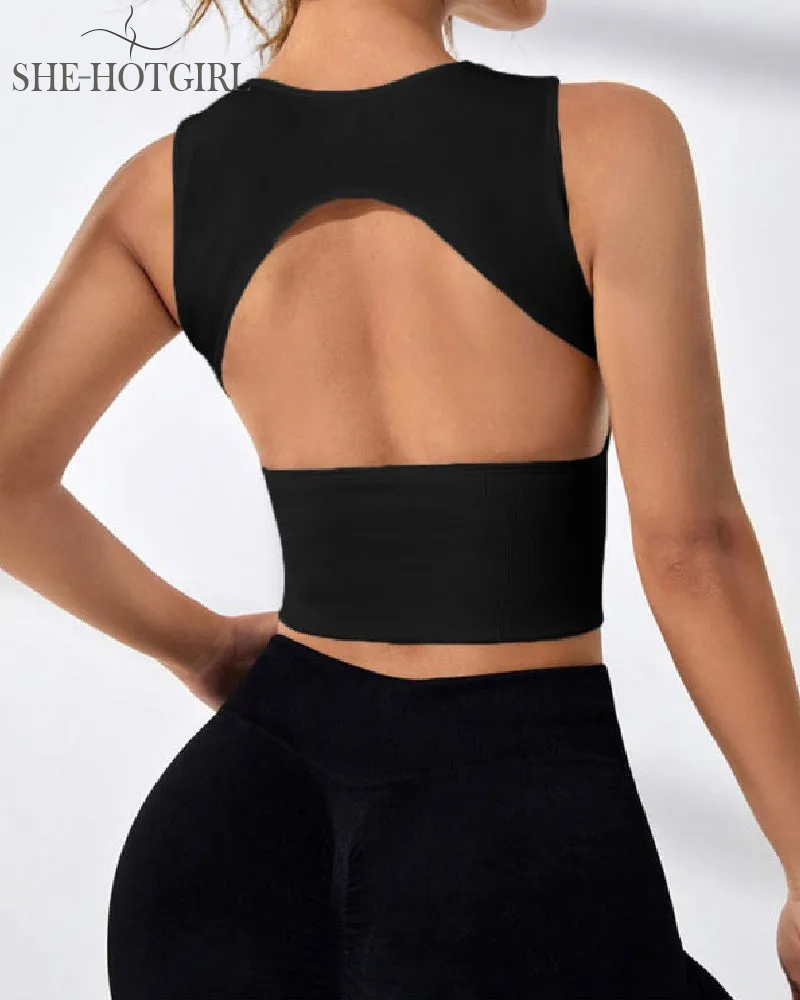 Women's Solid Color Open Back Ribbed Basic Elastic Yoga Sport Tank Top
