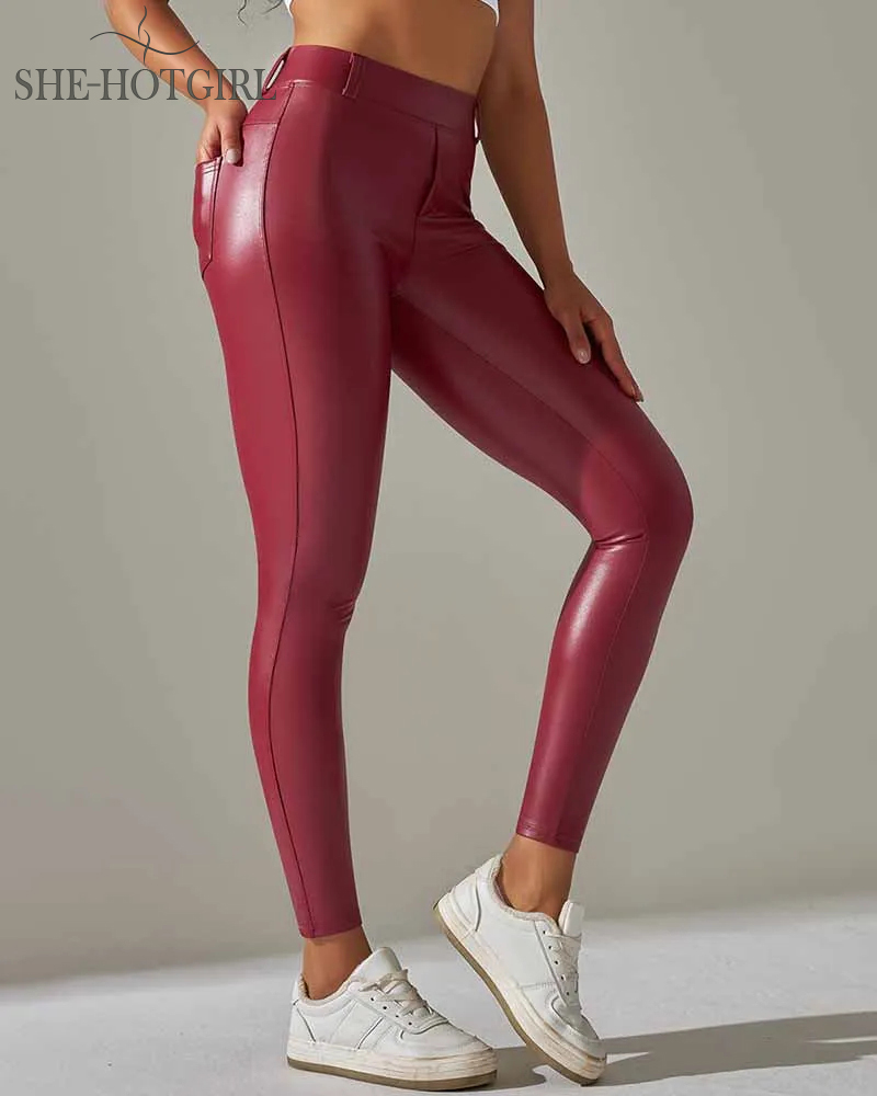 Fleece-lined PU leather pants with pocket, high waist and butt lift