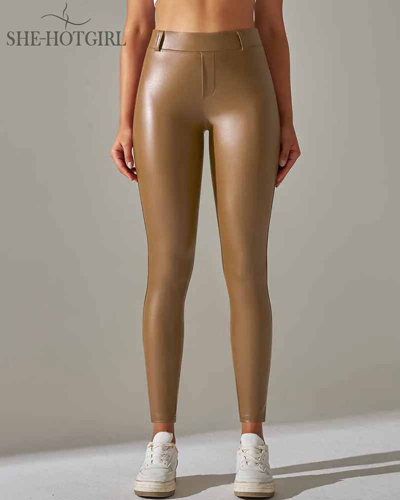 Fleece-lined PU leather pants with pocket, high waist and butt lift