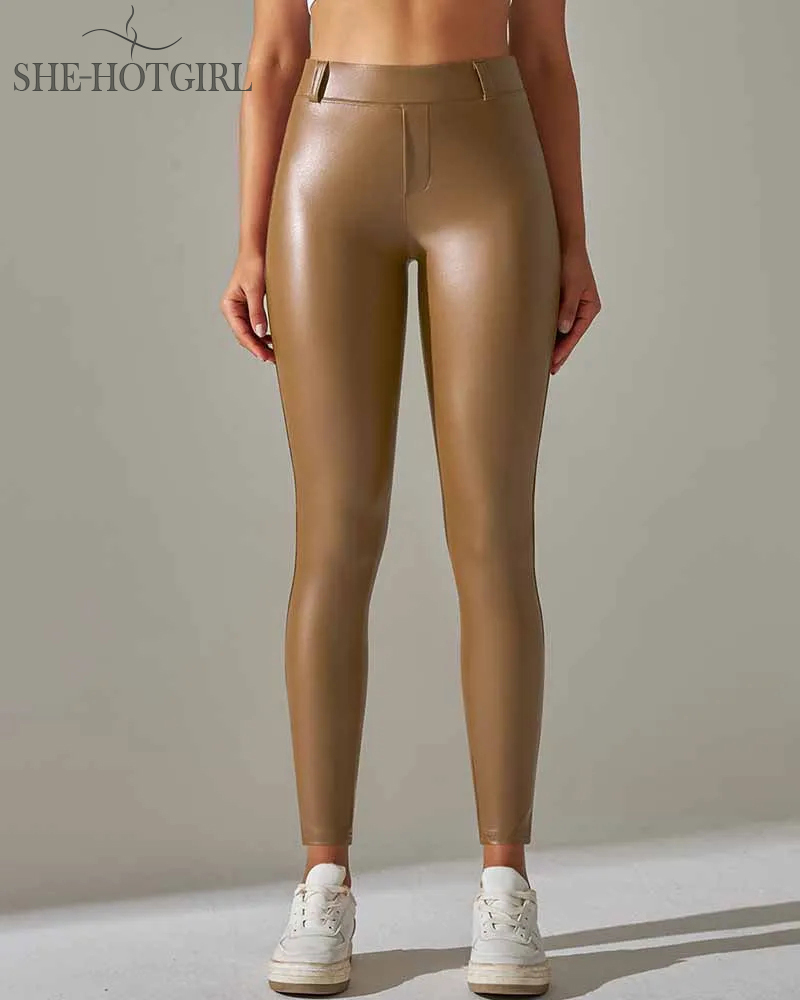 Fleece-lined PU leather pants with pocket, high waist and butt lift