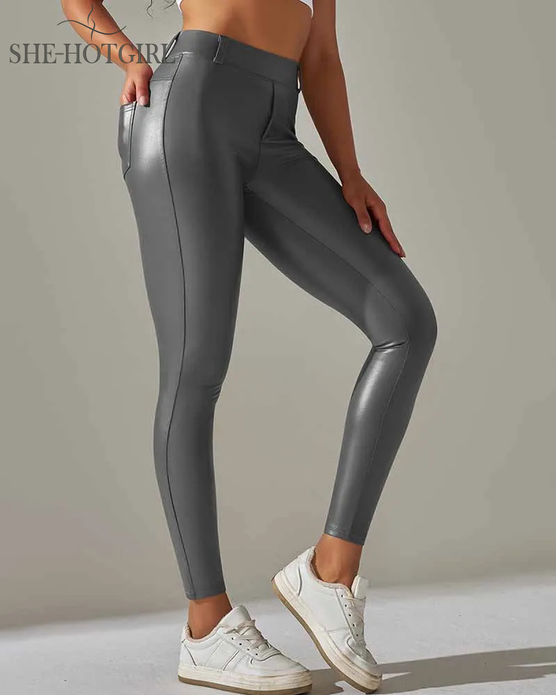 Fleece-lined PU leather pants with pocket, high waist and butt lift