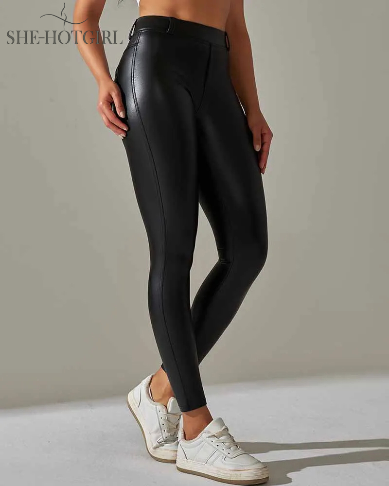 Fleece-lined PU leather pants with pocket, high waist and butt lift