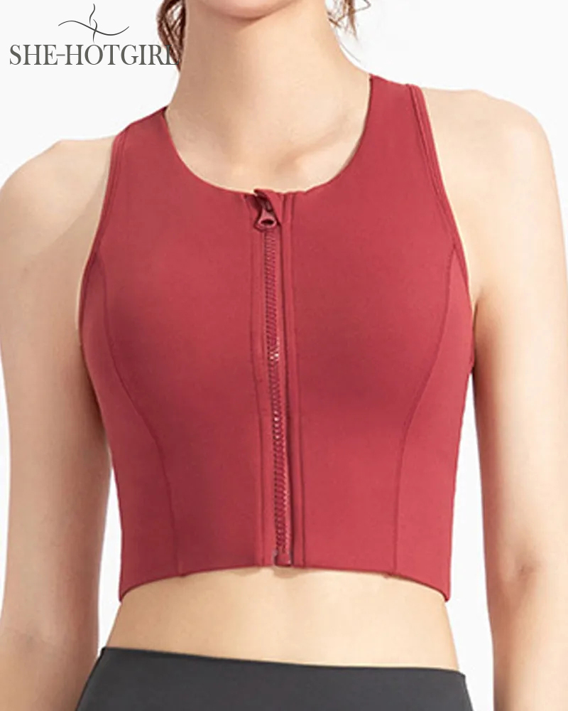 High Impact Zipper Front Tank Top Racerback Wire Free Yoga Sports Bras
