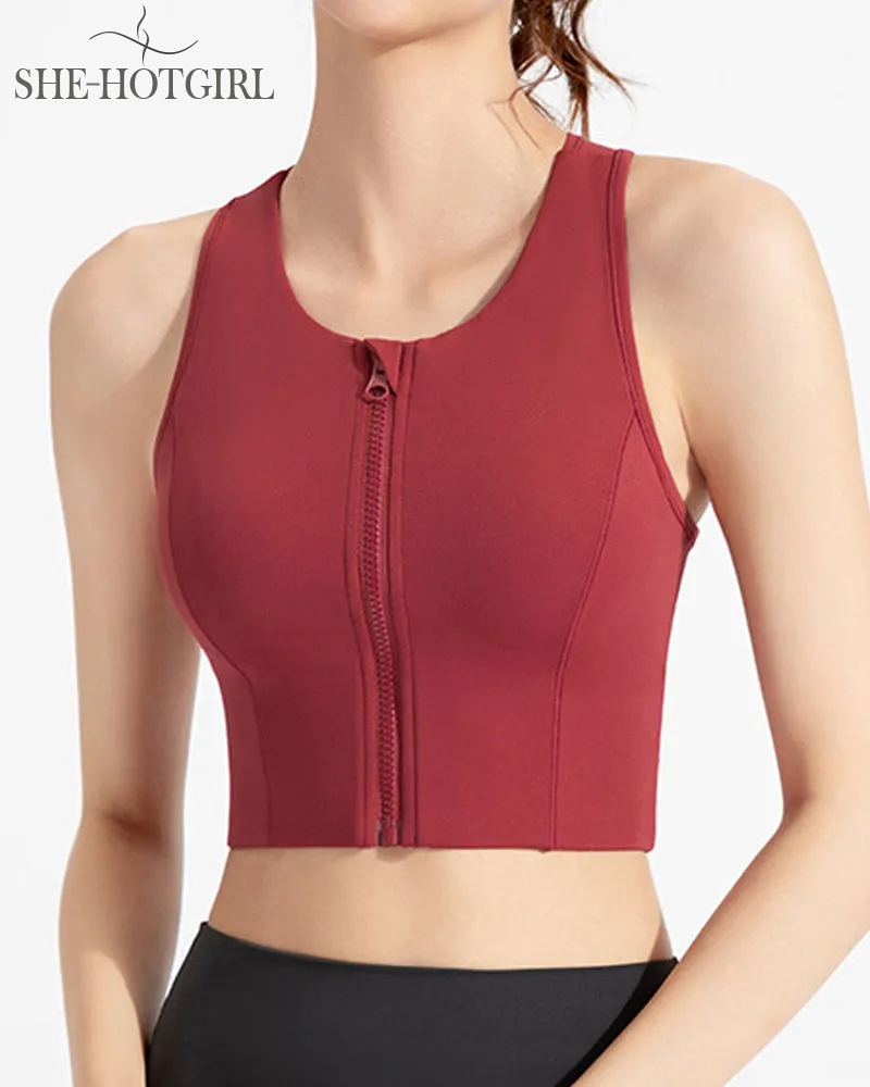 High Impact Zipper Front Tank Top Racerback Wire Free Yoga Sports Bras