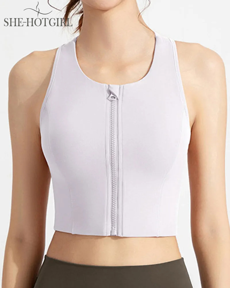 High Impact Zipper Front Tank Top Racerback Wire Free Yoga Sports Bras