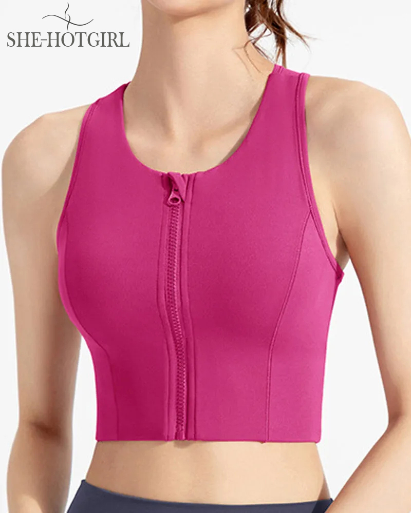 High Impact Zipper Front Tank Top Racerback Wire Free Yoga Sports Bras