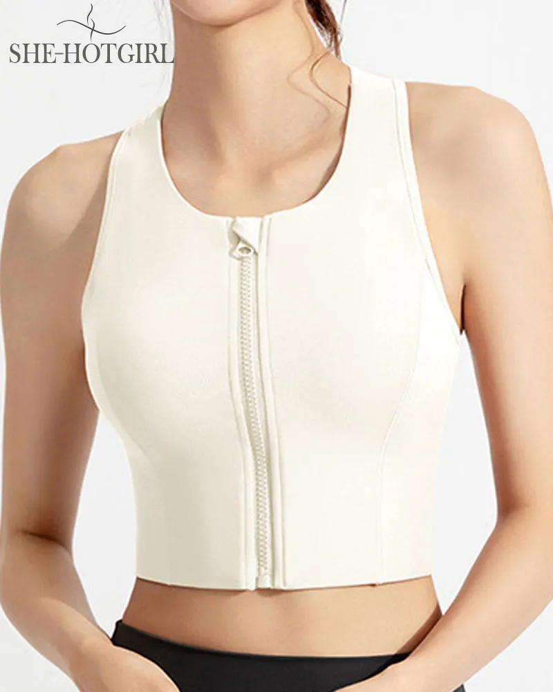 High Impact Zipper Front Tank Top Racerback Wire Free Yoga Sports Bras