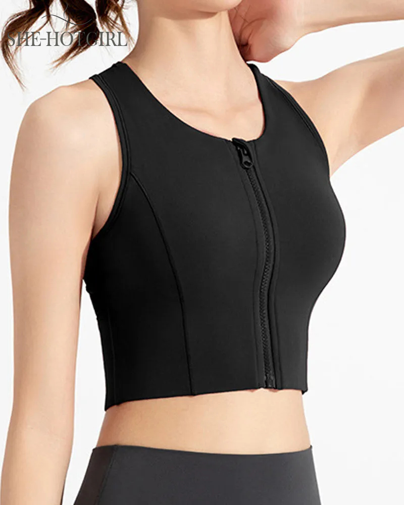 High Impact Zipper Front Tank Top Racerback Wire Free Yoga Sports Bras
