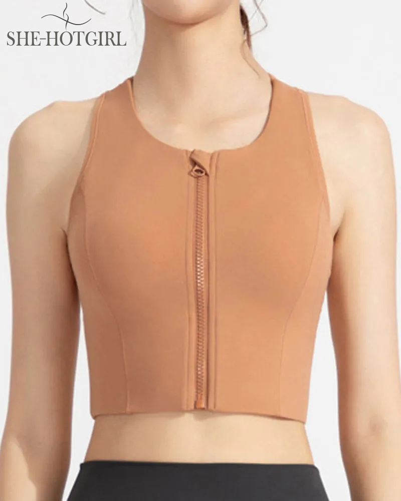 High Impact Zipper Front Tank Top Racerback Wire Free Yoga Sports Bras