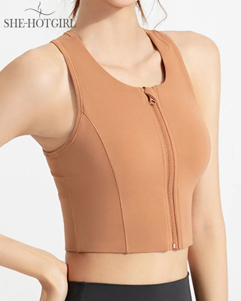High Impact Zipper Front Tank Top Racerback Wire Free Yoga Sports Bras