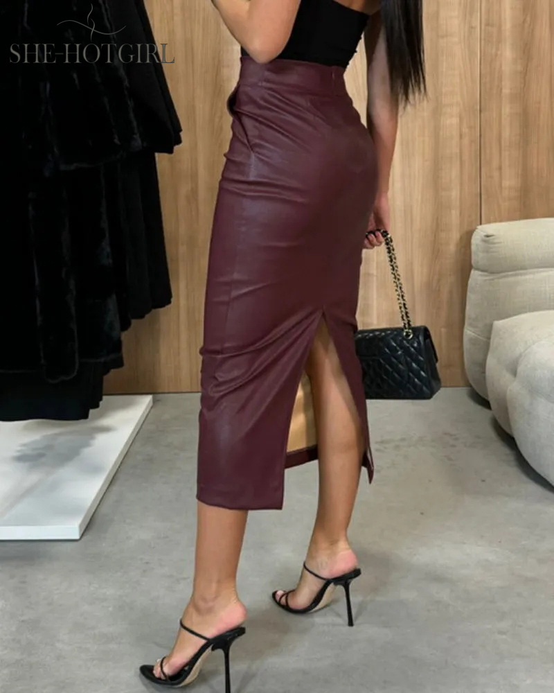 High Waist Slit Leather Skirt Casual Fashion Hip Skirt with Pockets for Women