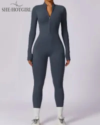 One Piece Athleisure Jumpsuit Long Sleeve Front Zipper Full Bodysuit