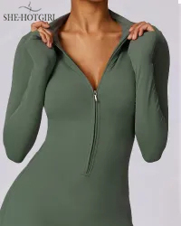 One Piece Athleisure Jumpsuit Long Sleeve Front Zipper Full Bodysuit