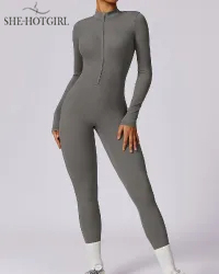 One Piece Athleisure Jumpsuit Long Sleeve Front Zipper Full Bodysuit