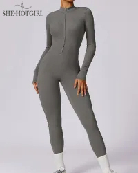 One Piece Athleisure Jumpsuit Long Sleeve Front Zipper Full Bodysuit