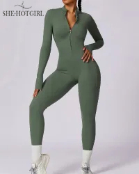 One Piece Athleisure Jumpsuit Long Sleeve Front Zipper Full Bodysuit