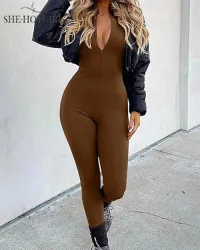 One Piece Athleisure Jumpsuit Long Sleeve Front Zipper Full Bodysuit