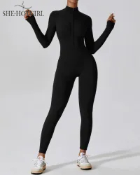 One Piece Athleisure Jumpsuit Long Sleeve Front Zipper Full Bodysuit
