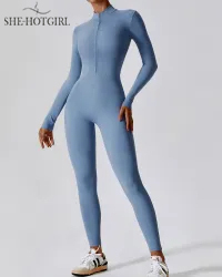 One Piece Athleisure Jumpsuit Long Sleeve Front Zipper Full Bodysuit