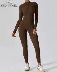 One Piece Athleisure Jumpsuit Long Sleeve Front Zipper Full Bodysuit
