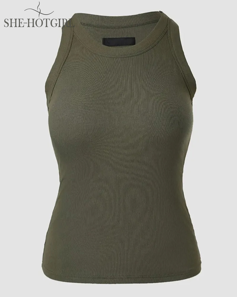 Ribbed round neck vest with chest padding Padded Tops