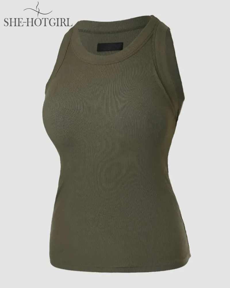 Ribbed round neck vest with chest padding Padded Tops
