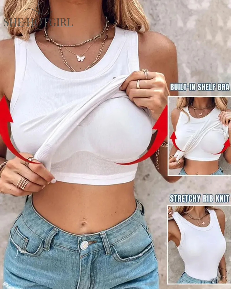 Ribbed round neck vest with chest padding Padded Tops