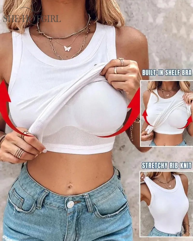 Ribbed round neck vest with chest padding Padded Tops