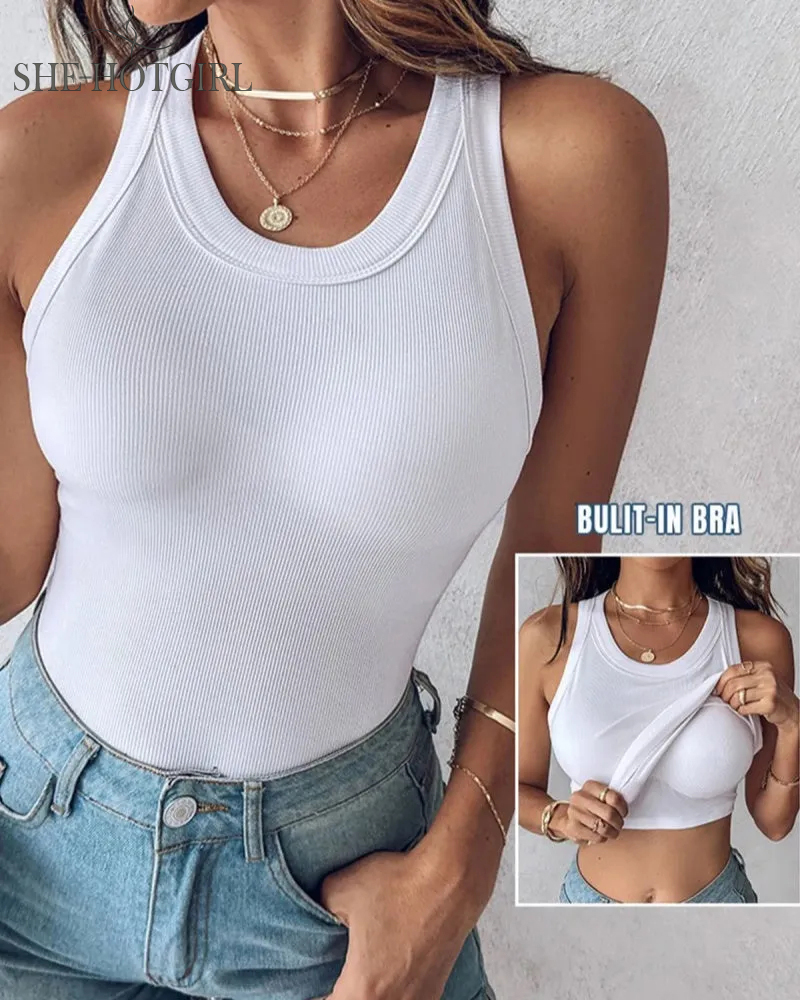 Ribbed round neck vest with chest padding Padded Tops