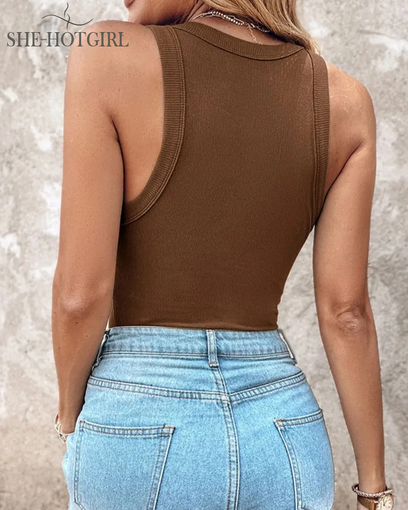 Ribbed round neck vest with chest padding Padded Tops