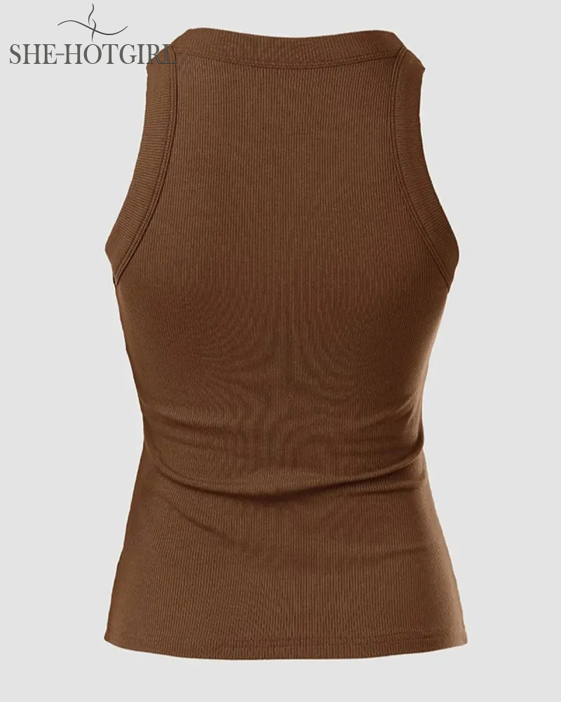 Ribbed round neck vest with chest padding Padded Tops
