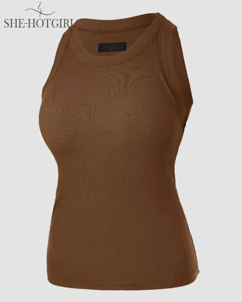 Ribbed round neck vest with chest padding Padded Tops
