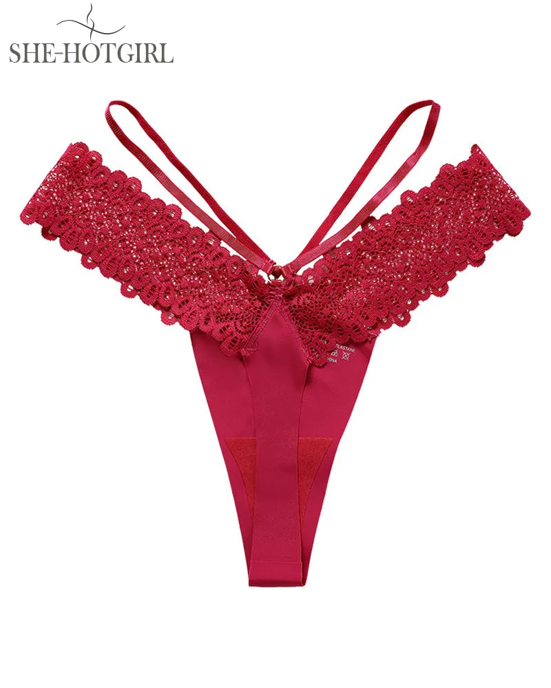 Seamless French Lace Thongs Spaghetti Straps Splicing Sexy Underwear