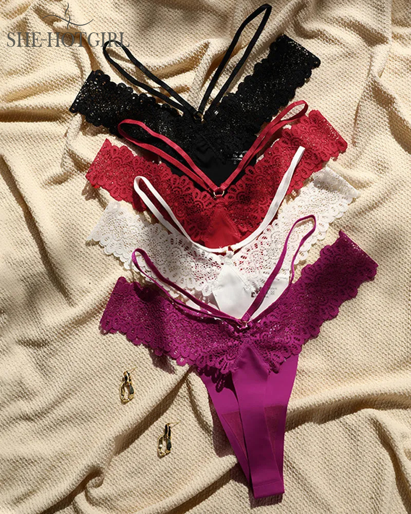 Seamless French Lace Thongs Spaghetti Straps Splicing Sexy Underwear